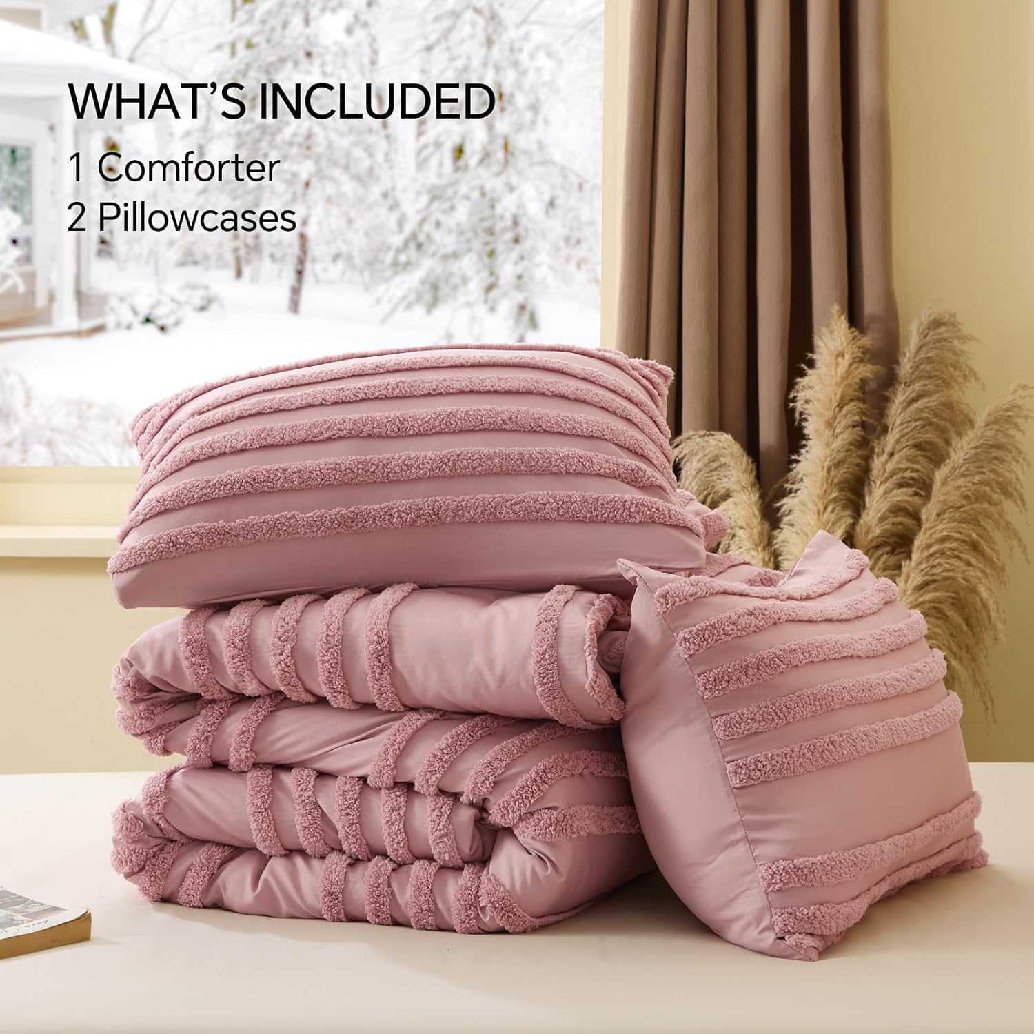 BEDELITE Boho Comforter Set Queen Size, Dusty Pink Tufted Striped Bed Set 3 Pieces, Soft Vintage Farmhouse Comforter for All Seasons, Boho Home Decor,Fluffy Jacquard Bedding with 2 Pillow Shams